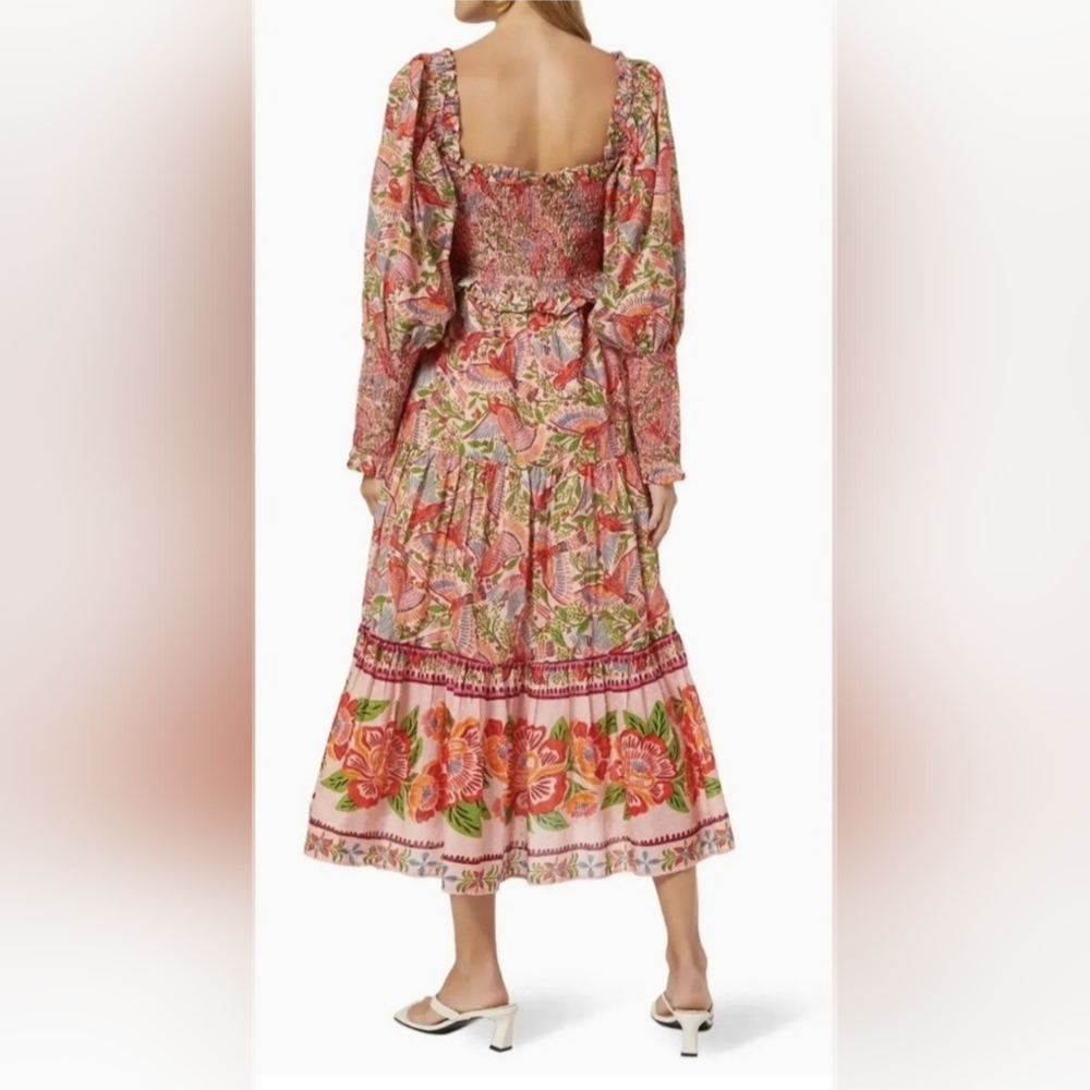 Farm Río Anthropologie Maxi Dress Macaw Flight Smocked Top Pink Midium - Picture 2 of 16
